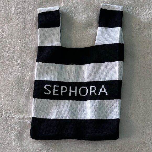 Sephora Black White Stripe Knitted Tote Shipping Bag Limited Edition 8"X13.5" - Picture 2 of 3